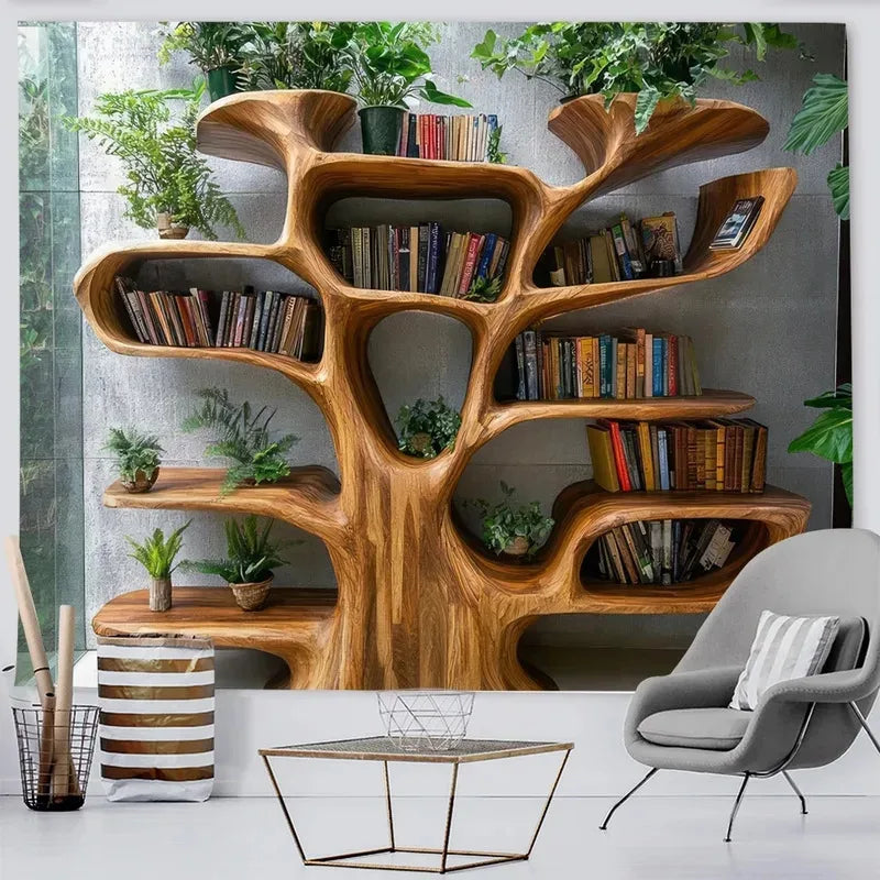 Tree Shaped Bookshelf Tapestry