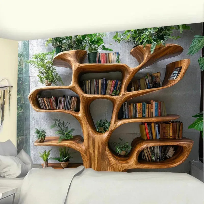 Tree Shaped Bookshelf Tapestry